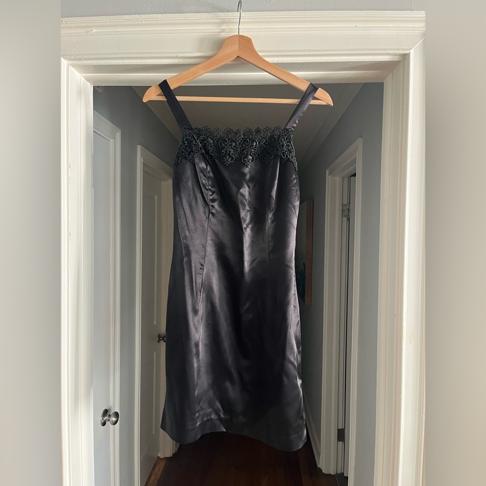 Gunne Sax Black Satin Lace-Trim Slip Dress